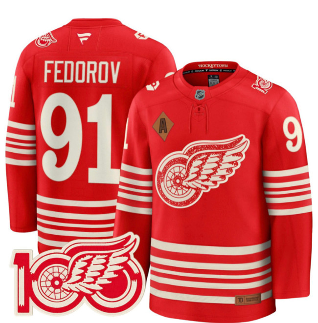 Men's Red Detroit Red Wings #91 Sergei Fedorov 2025 Centennial Premium With 100 and P Patch And A Patch Stitched Hockey Jersey